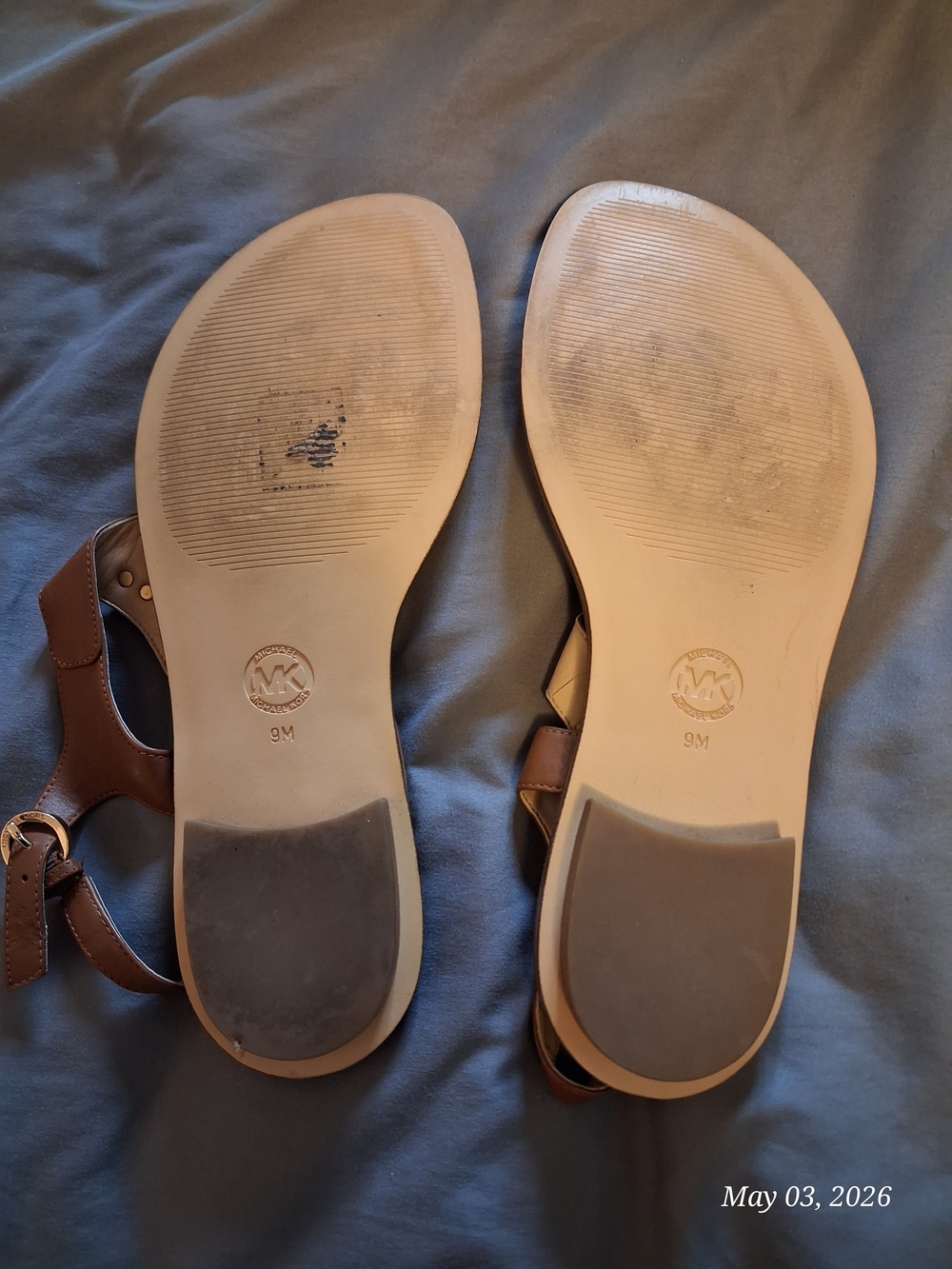 Michael Kors Cognac Leather T-Strap Sandals with Gold Logo Charm - Picture 3 of 4